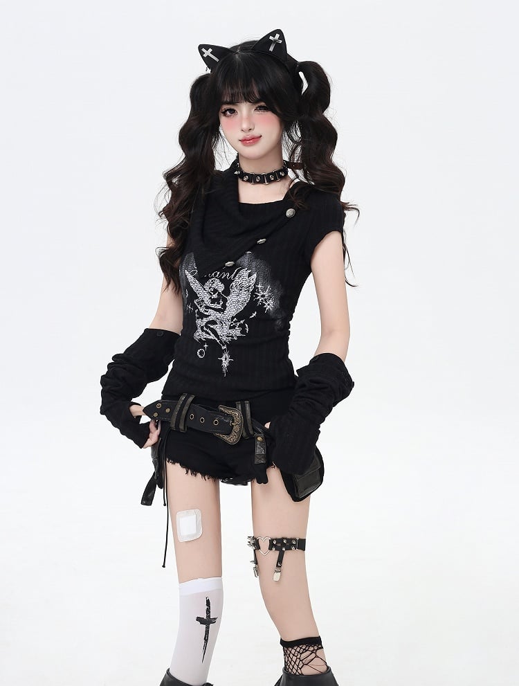 Apricot/Black Pointed Flat Collar Angel Print Wasteland Punk T-shirt with Free Armwears