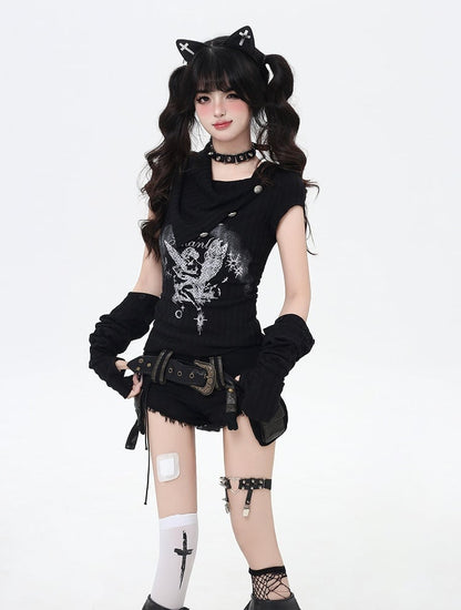 Apricot/Black Pointed Flat Collar Angel Print Wasteland Punk T-shirt with Free Armwears