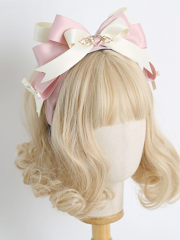 Cute Lolita Pink & Beige Bowknot KC with Heart Decoration