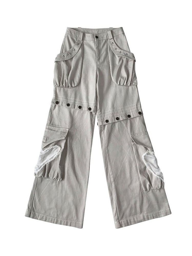 Star-shaped Studs Gray Cargo Pockets Detachable Jeans