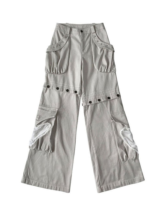 Star-shaped Studs Gray Cargo Pockets Detachable Jeans