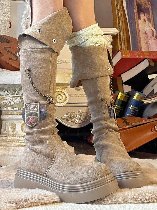 Khaki Chain and Embroidered Badge Platform Boots