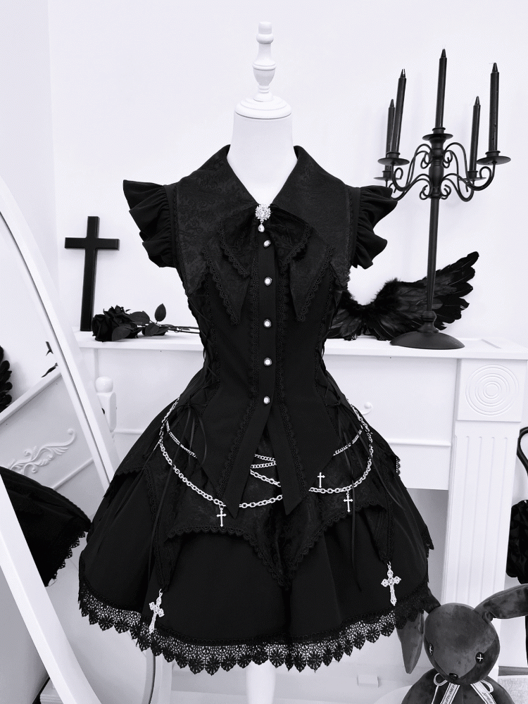Pointed Flat Collar Flutter Sleeves Sleeveless Top with Cross Embellished Skirt Black Gothic Set