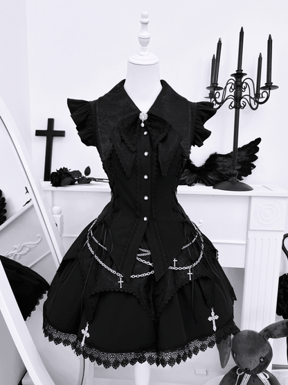 Pointed Flat Collar Flutter Sleeves Sleeveless Top with Cross Embellished Skirt Black Gothic Set
