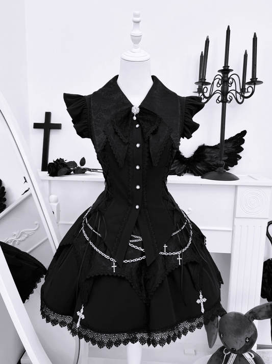 Pointed Flat Collar Flutter Sleeves Sleeveless Top with Cross Embellished Skirt Black Gothic Set