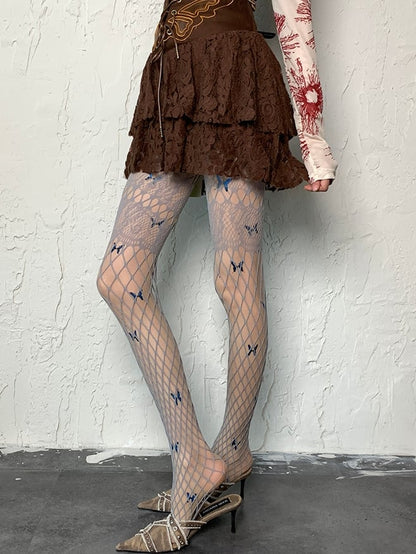 Gray Y2K Cut-out Design Fishnet Tights