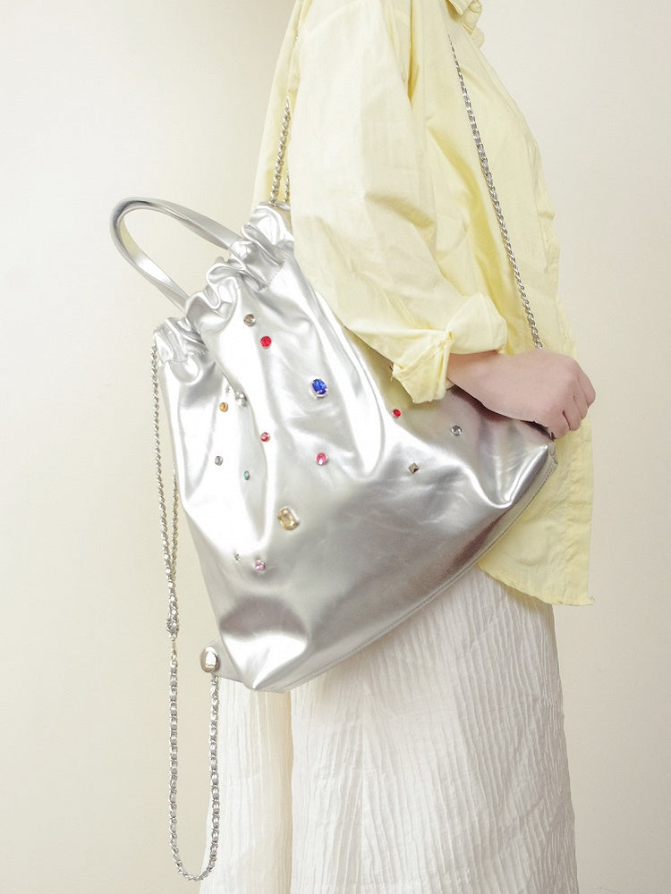 Glamorous Silver Drawstring Backpack With Rhinestone Embellishments