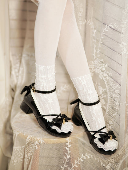 Black Heart Charm Bow at Top Lace Trim Crisscross Design Lolita Shoes