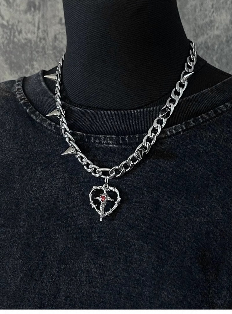 Silver Cross Heart-shaped Pendant Studded Necklace