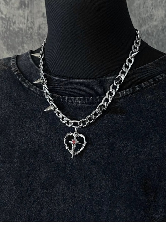 Silver Cross Heart-shaped Pendant Studded Necklace