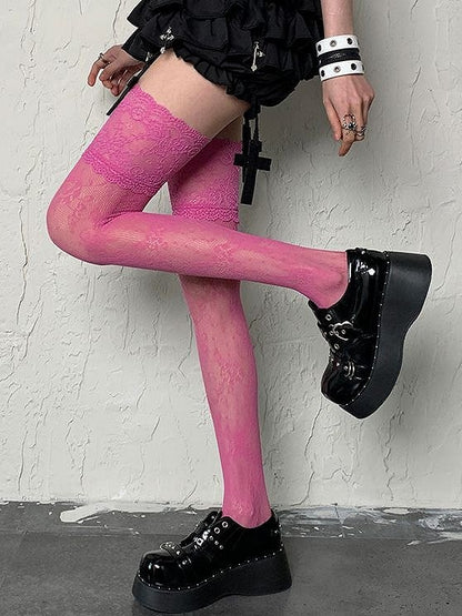 Rose Pink Floral Pattern Lace Trim Y2K Overknee Stockings