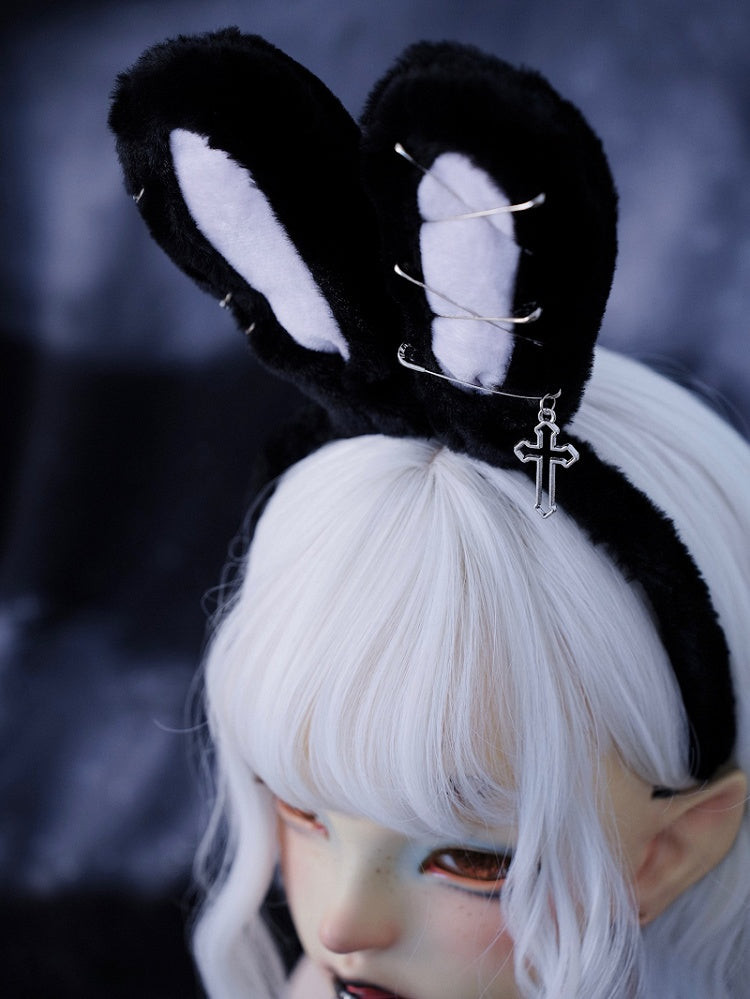 Pins Cross Details Gothic Black Plush Bunny Ears KC