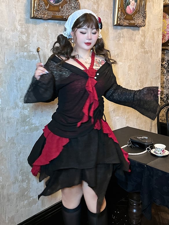 Plus Size Black Drawstring Design Long Sleeves Top