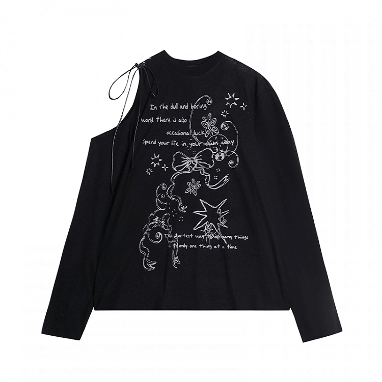 Bowknot Graffiti Print Cutout Shoulder Black/White Semi-sheer Coverup