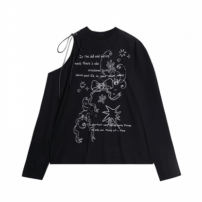 Bowknot Graffiti Print Cutout Shoulder Black/White Semi-sheer Coverup