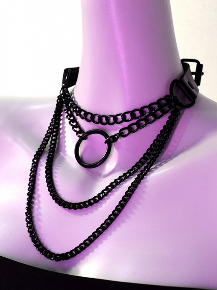 Black Cyberpunk Buckle Necklace + Silver Necklace