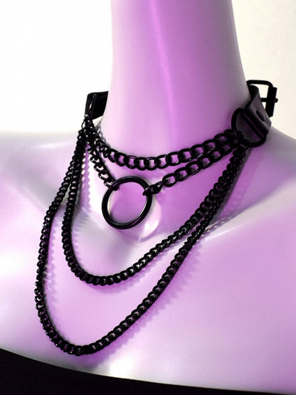Black Cyberpunk Buckle Necklace + Silver Necklace