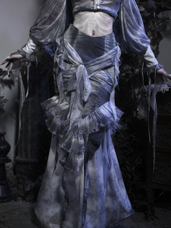 Dusty Blue Tie Dye Design Ruffle Flounce Knees Corpse Bride Goth Mermaid Skirt