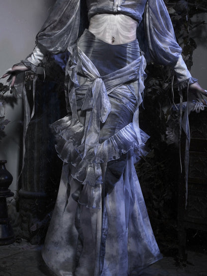 Dusty Blue Tie Dye Design Ruffle Flounce Knees Corpse Bride Goth Mermaid Skirt