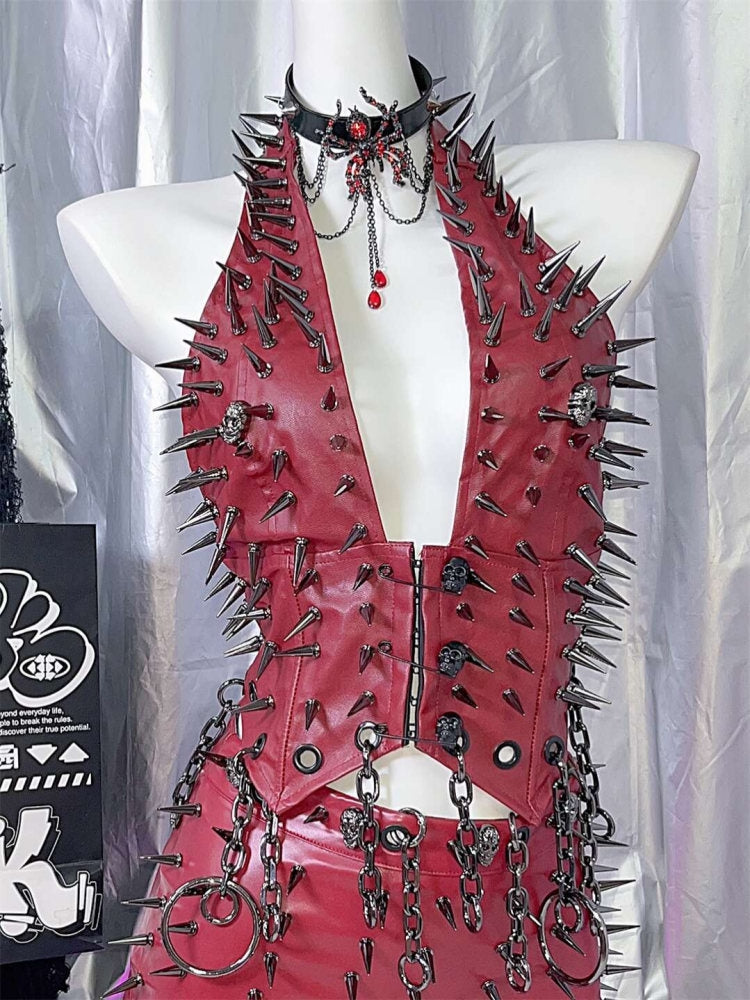 Red Y2K Studs And Skeleton Details Circular Ring Charm PU Halter Neck Top