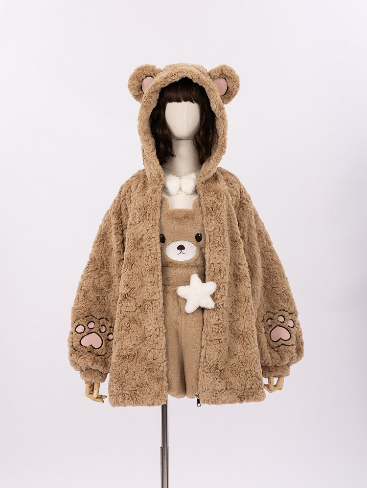 Brown Fluffy Teddy Bear Jacket with Ears Hood for Girls/Women