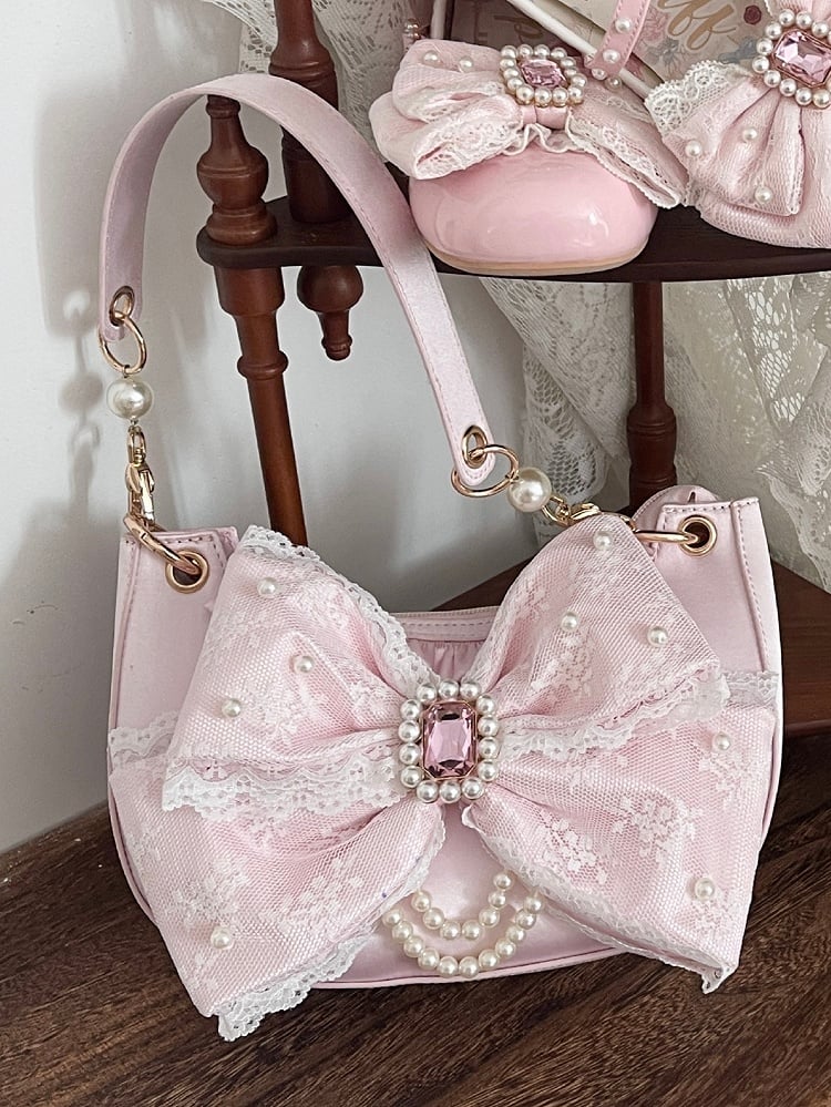 Satin Pink Sweet Lolita Underarm Bag - Large Lace Bow with Crystal & Beads Embellishments