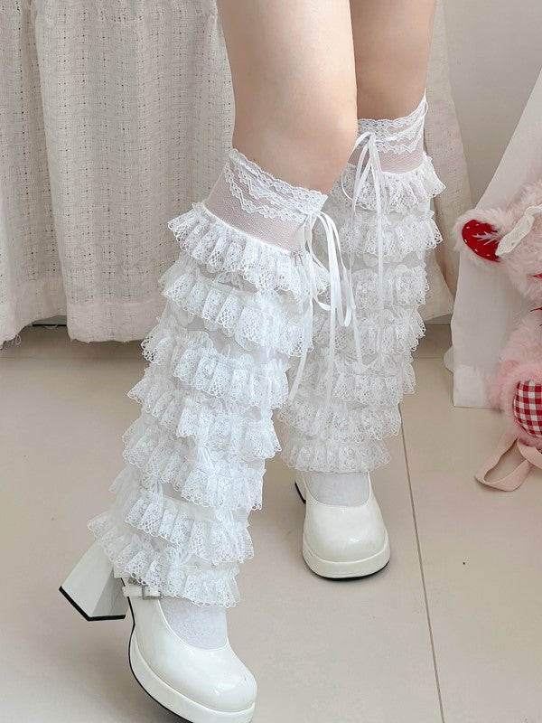 White Floral Pattern Leg Sleeves With Tiered Lace Cuffs And Self-tie Straps