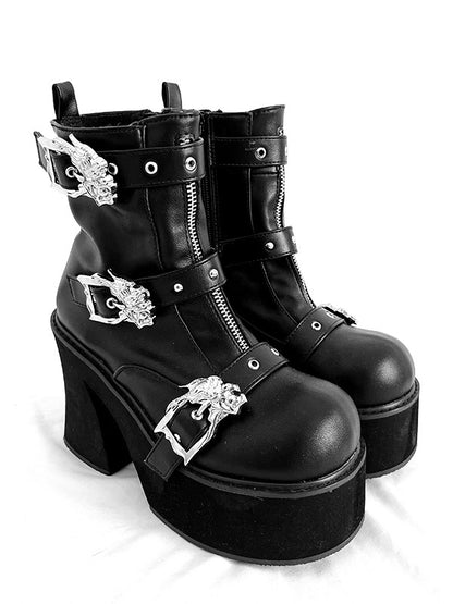Dragon-shaped Buckle Straps Black Punk Boots High Block Heel