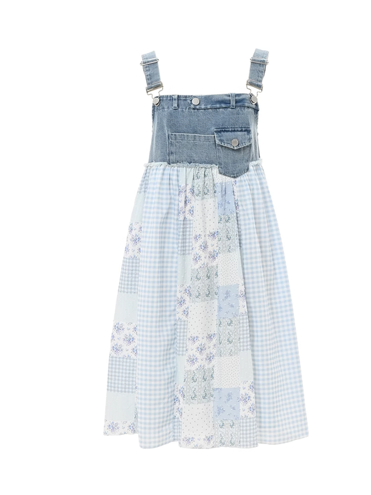 Blue Plaid and Floral Patchwork Design Mori Kei Denim Overall Dress