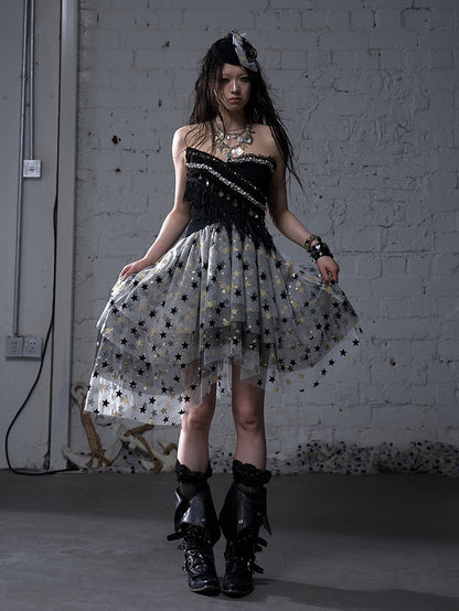 Baroque Bead Details Fringe Hem Black/White Crossover Design Strapless Top