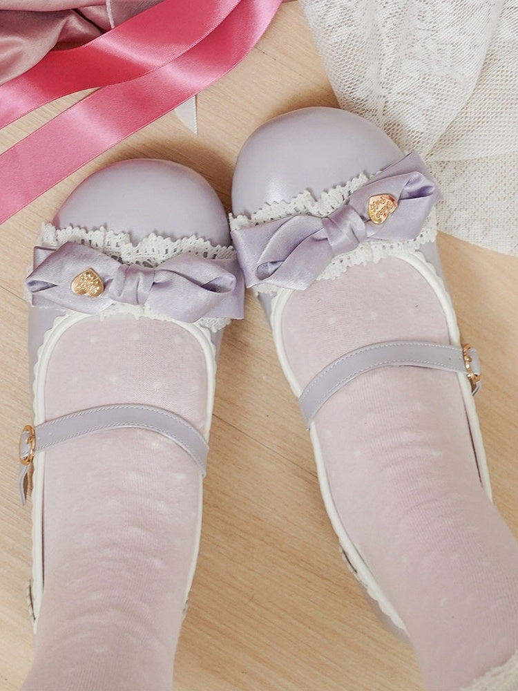 Low-Heel Purple Sophisticated Lolita Shoes - Ornate Heart Bow with Delicate Lace & Scalloped Hemline