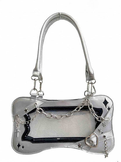Silver & Black Bone Shape Ita Shoulder Bag with Cross Charm Chain