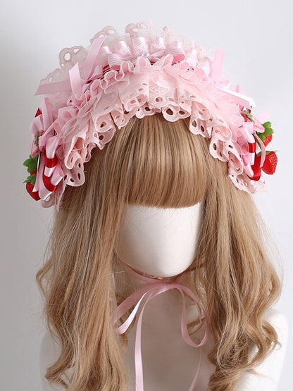 Pink/Red Sweet Lolita Strawberry Decorated Striped Pattern Bowknot Details Ruffled Hairband
