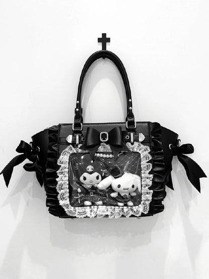 Jirai Kei Black Lace Trim Ita Tote – Large Capacity, Top Handle