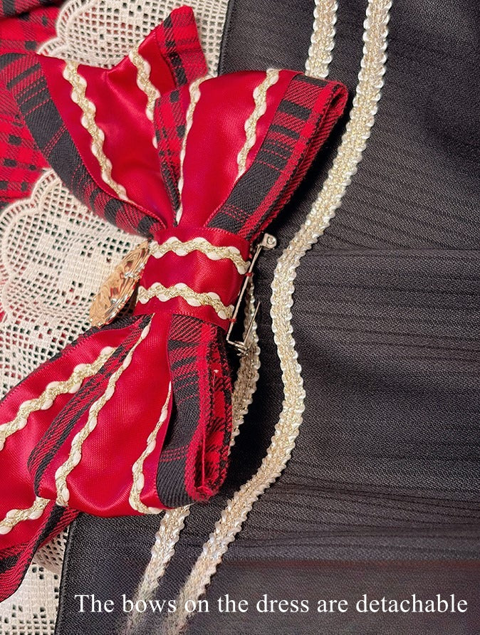 Preppy Style Black & Red Plaid Notched Collar Lolita Dress with Lace Trim and Bow Accents