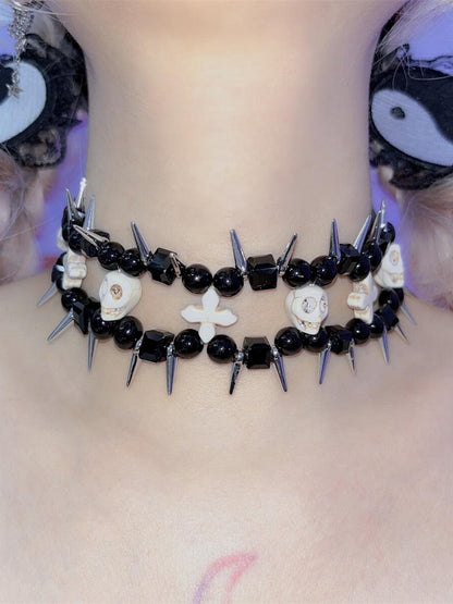 White Punk Skulls and Crosses Black Beads Studs Choker