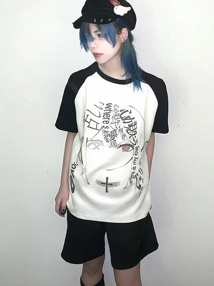 Black Colorblock Design Graphic T-shirt