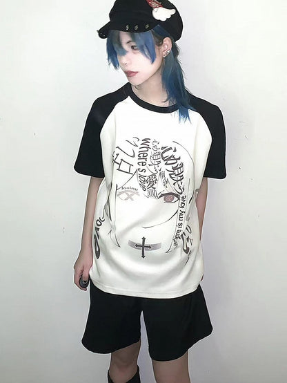 Black Colorblock Design Graphic T-shirt