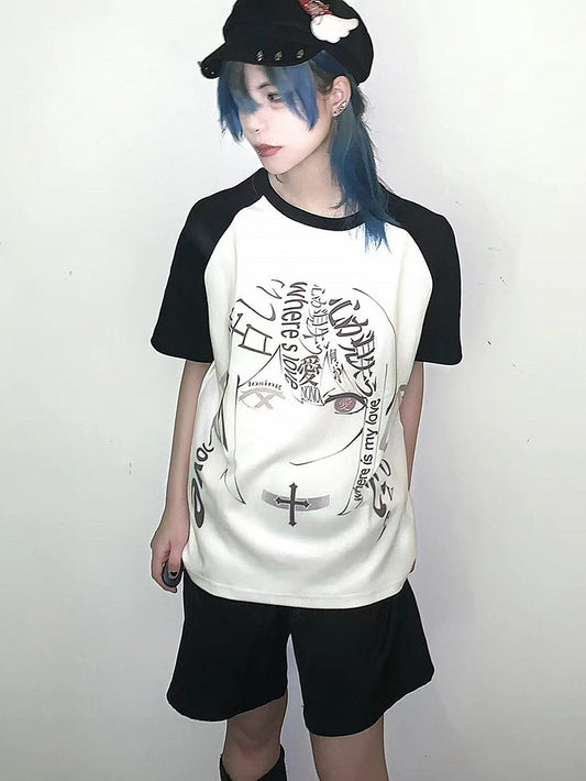 Black Colorblock Design Graphic T-shirt