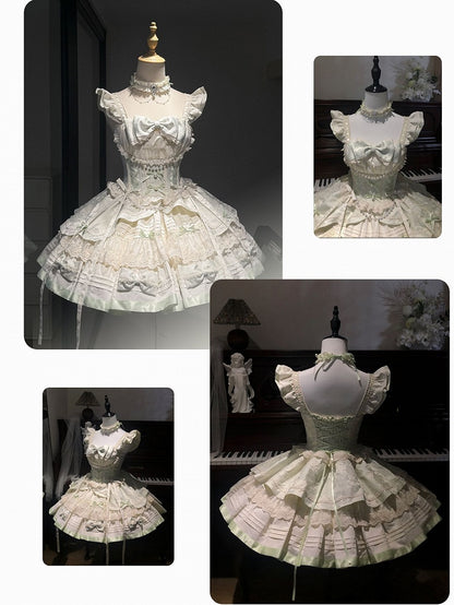 Bowknots and Beads Decoration Mint Green Flutter Sleeves Balletcore Sweet Lolita Jumper Skirt