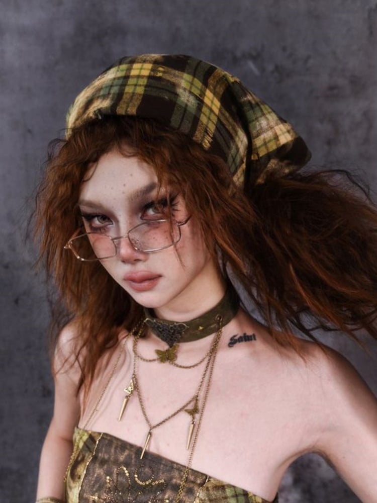 Green Plaid Pattern Triangle-shaped Headscarf