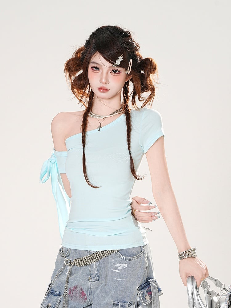 Baby Blue Asymmetrical Neckline Slim-fitting T-shirt