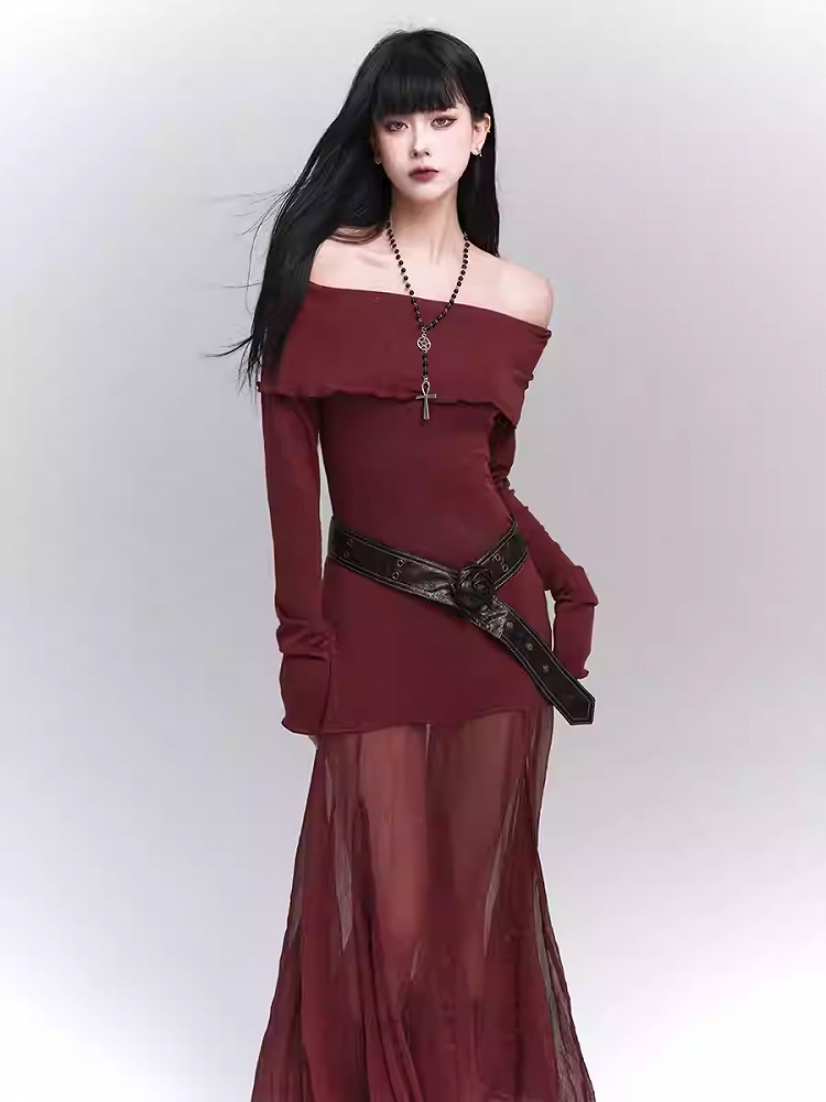 Wine Red Semi-sheer Off-the-shoulder Neckline Glamorous Dress