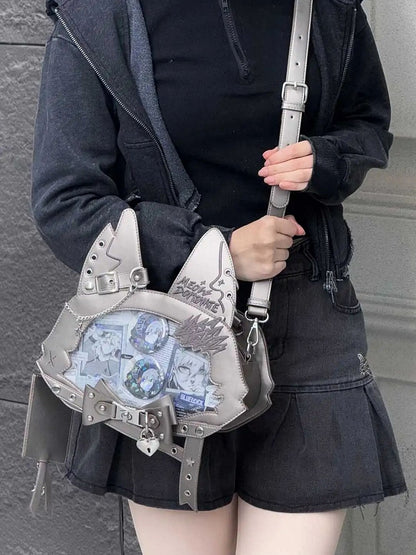 Kitty Ear Design Bowknot Studs Detail Gray PU Tote Bag Ita Bag with Free Card Holder