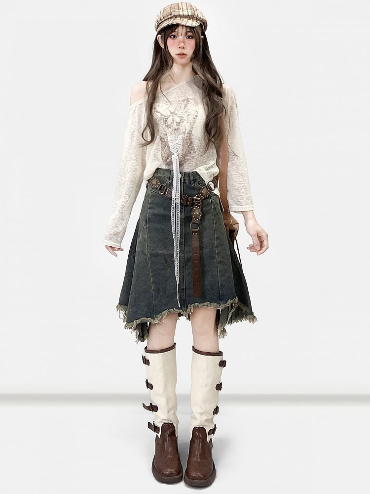 Blue Asymmetrical Hem Raw Hem Skirt