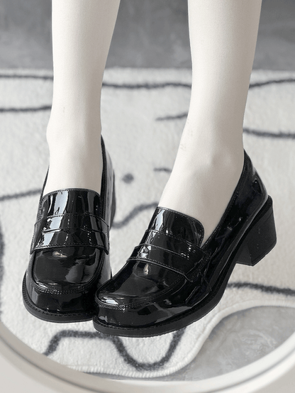 PU Black Academic Mid-Heel Shoes - Slip-On Design for School Style