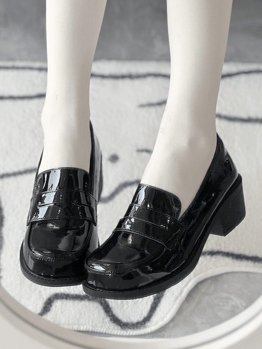 PU Black Academic Mid-Heel Shoes - Slip-On Design for School Style
