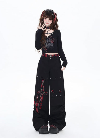 Black and Red Plaid Studs Detail Wide-Leg Pants