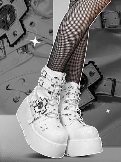 Metal Skull Polished White Punk Wedge Platform Boots Spike Stud Detailing