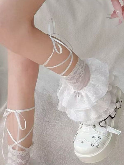 Blue/White Lace Floral Pattern Ruffled Cuffs Semi-sheer Leg Sleeves With White Self-tie Straps